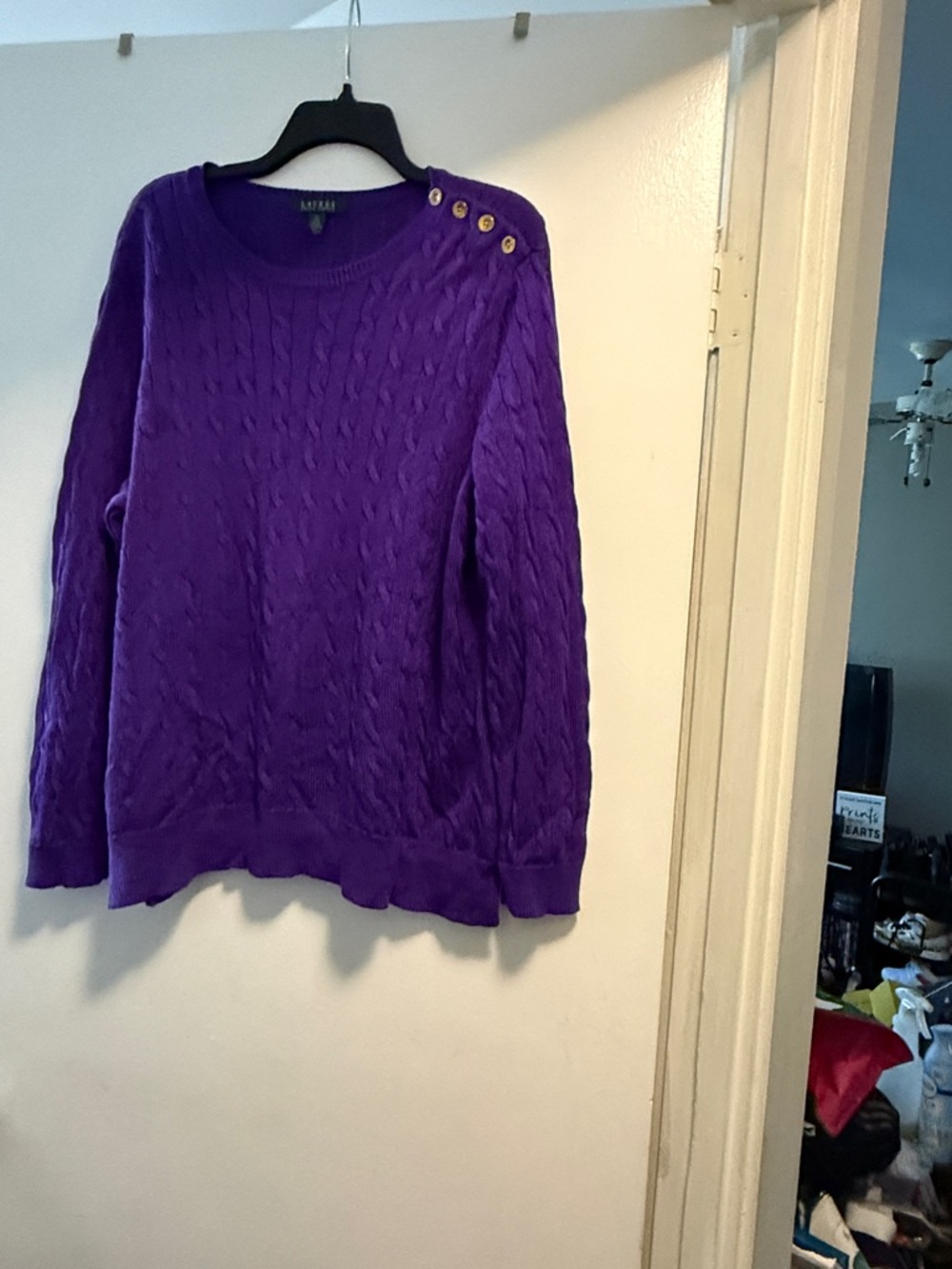 Lauren Ralph Lauren Purple Cable-Knit Crewneck Sweater with Shoulder Buttons